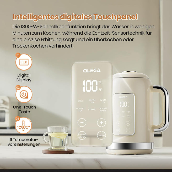 OLEGA Wasserkocher: 1800 W Wasserkocher mit Temperaturregelung, 1,5 l Fassungsvermögen, Edelstahl, S