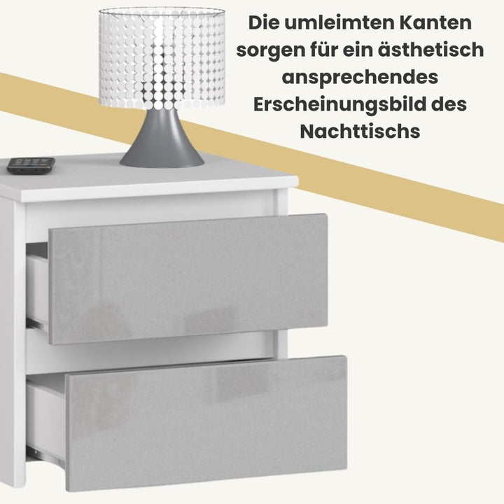 AKORD Nachttisch in minimalistischer Optik, mit 2 Schubladen, B40 x H40 x T35 cm Weiss / Metallic-gl