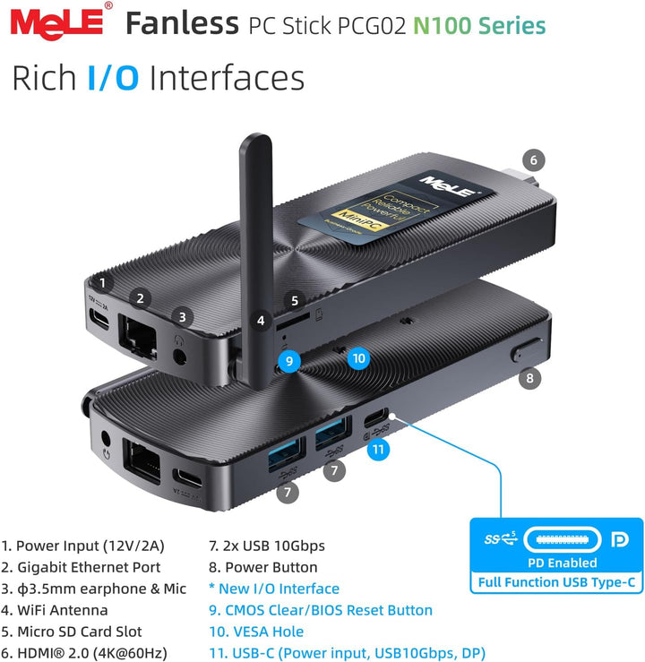 MeLE PCG02 Fanless Mini-PC Stick – N100 8GB 256GB, Lüfterlos, HDMI Unterstützt VESA-Montage, USB-C P