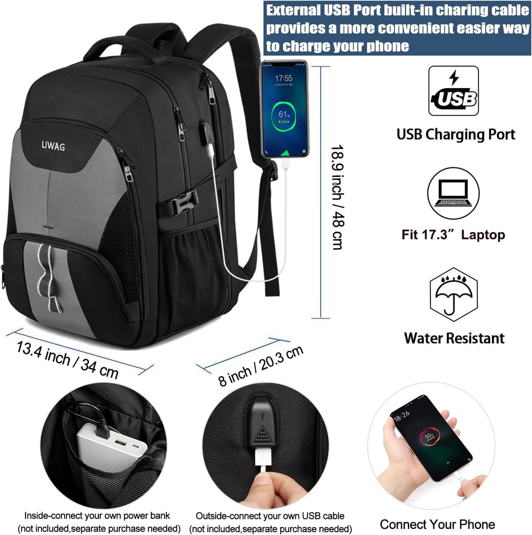 LIWAG Extra Gross Rucksack Herren 50L Wasserdicht 17 Zoll Laptoptasche Arbeit Laptop Rucksack mit US