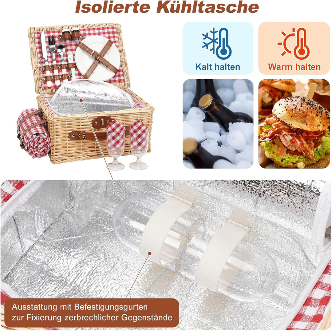 Picknickkorb für 2 Personen, Picknickkorb-Set mit Kühlfach und wasserdichte Picknickdecke, Besteck S