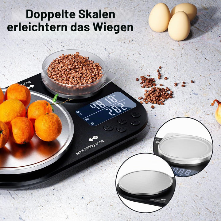 Doppelplattform-Küchenwaage, digitale Lebensmittelwaage wiegt bis zu 5 kg und 300 g, digitale Waage