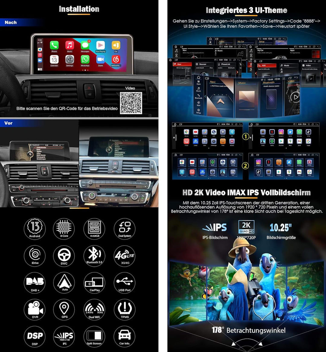 Erisin 10.25 Zoll Qualcomm 4GB+64GB Android 14 Autoradio mit GPS für BMW 3er F30 F31 F34 4er F32 F33