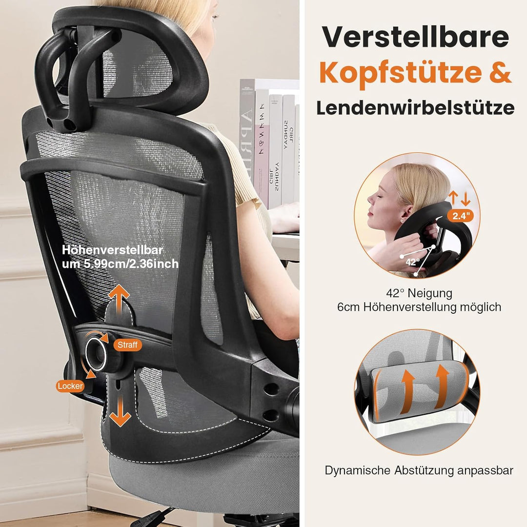 Sweetcrispy Ergonomischer Bürostuhl, Schreibtischstuhl Ergonomisch, Atmungsaktiver Netzstuhl mit Ver