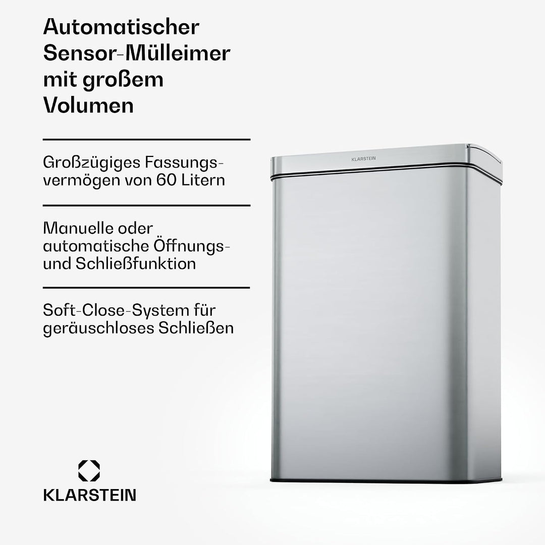 Klarstein 60 L Edelstahl-Sensormülleimer mit Softclose-Deckel, LED-Bedienfeld, berührungslos - zweif