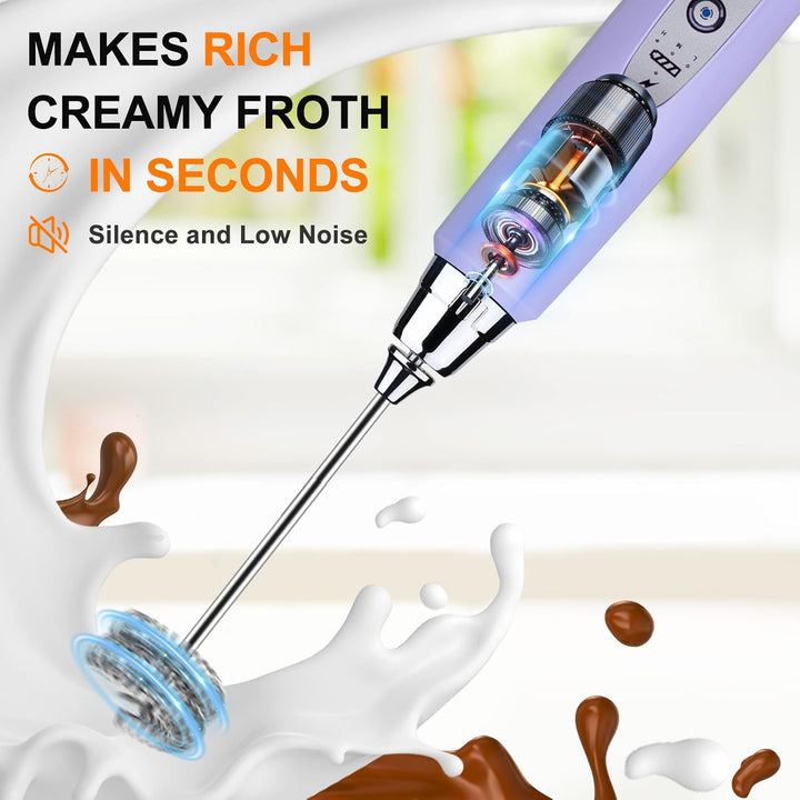 YUSWKO Wiederaufladbarer Milchaufschäumer für Kaffee mit Ständer, Handheld Getränkemixer mit 3 Köpfe