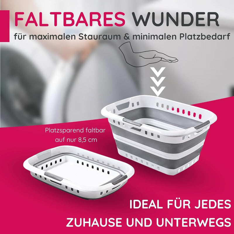 Suleno® Faltkorb 45L – Faltbarer Wäschekorb grau weiss 3 Griffe – Einkaufskorb Camping Picknick – St