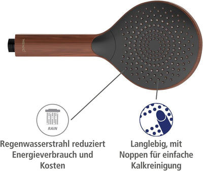 WENKO Duschkopf Watersaving Wood, wassersparende Handbrause in edler Holz-Optik aus Kunststoff, spar