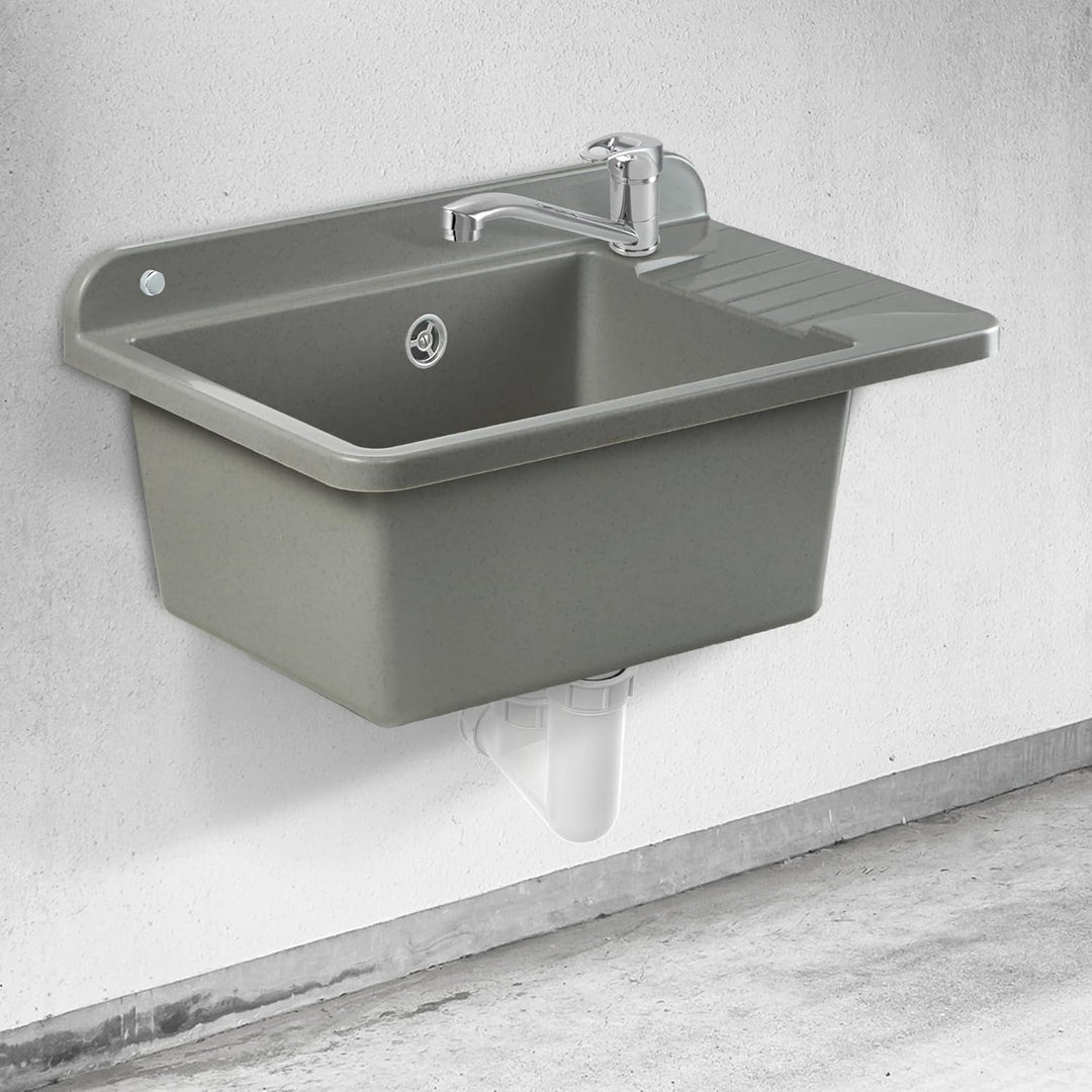 GOSPO Ausgussbecken aus Polypropylen, 50,4 x 34 x 26,5 cm, Spülbecken mit Armatur, Siphon und Montag