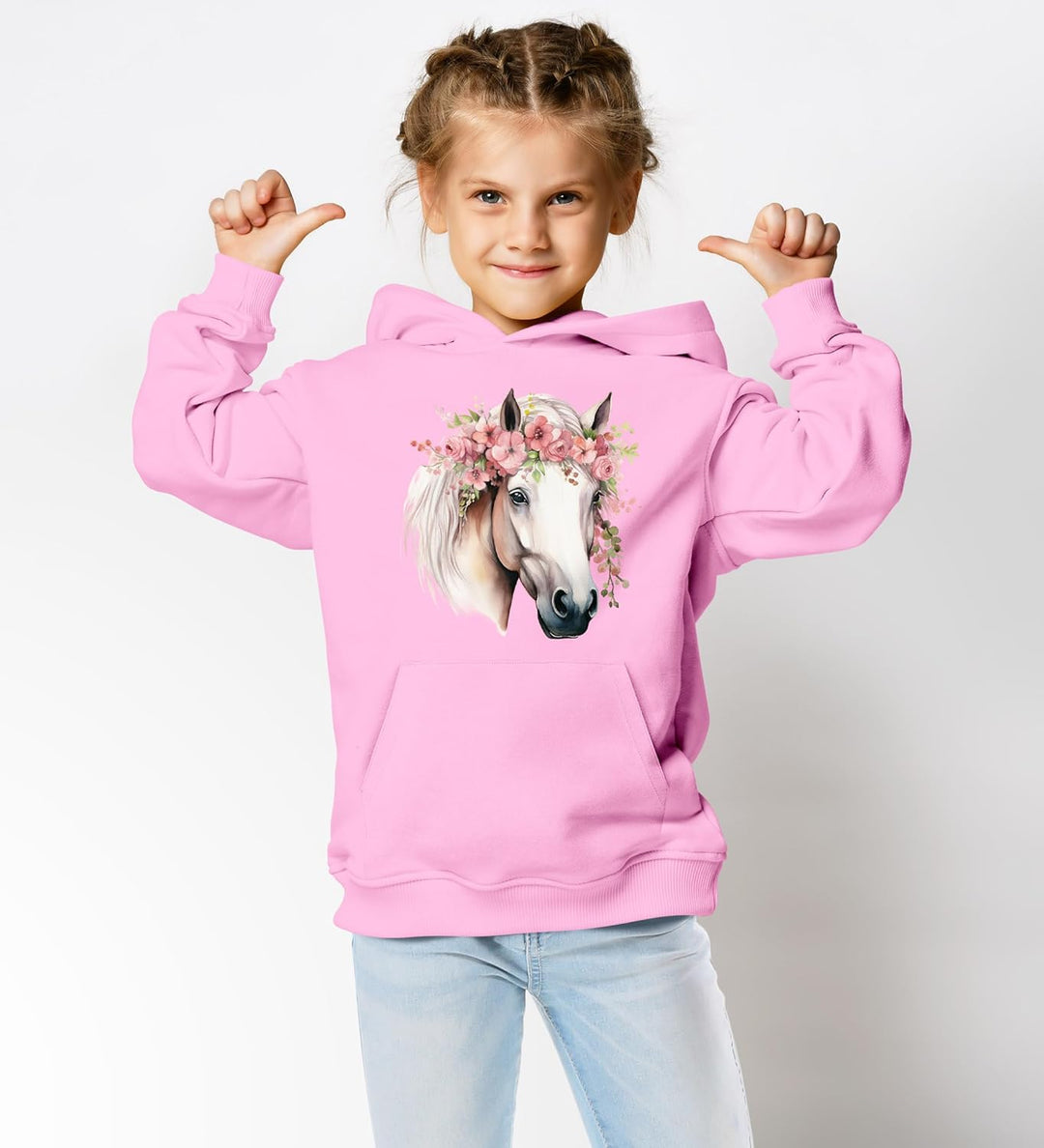 Kinder Hoodie Mädchen Pferdekopf mit Blumen Mädchengeschenke Pferde Print Aufdruck Pferd Blumen1 Ros