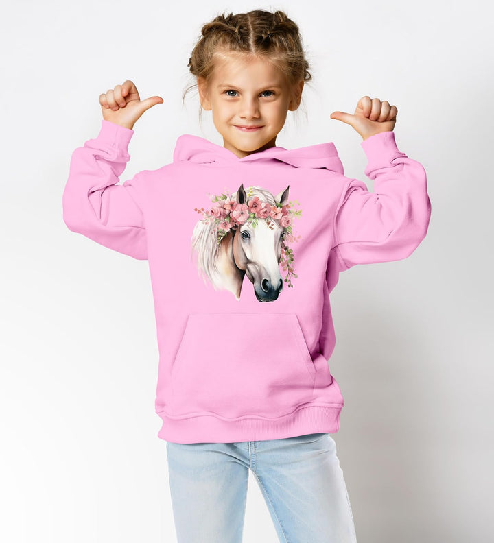 Kinder Hoodie Mädchen Pferdekopf mit Blumen Mädchengeschenke Pferde Print Aufdruck Pferd Blumen1 Ros