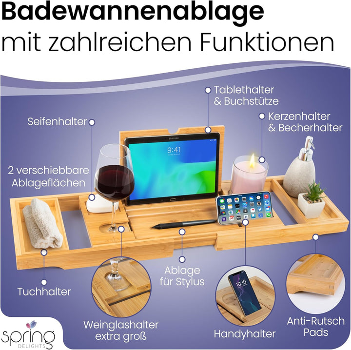 Badewannen-Set: Luxus Bambus Badewannenablage &amp; Ergonomisches Badewannenkissen - Weinglashalter, Tab