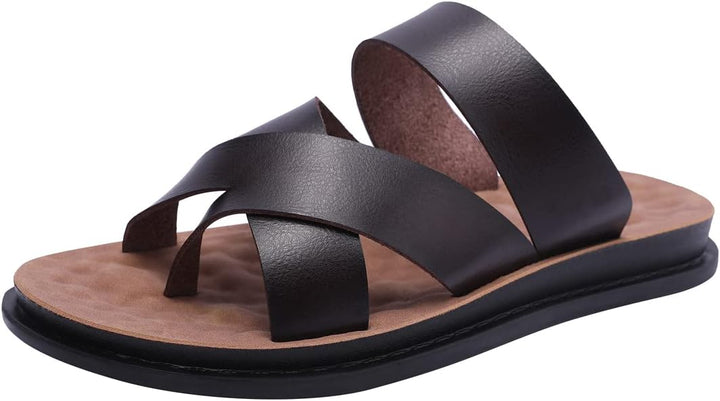 Harssidanzar Herren Sandalen Hausschuhe Cross Straps Slide Slip On Flip Flops für Männer Toe Ring St