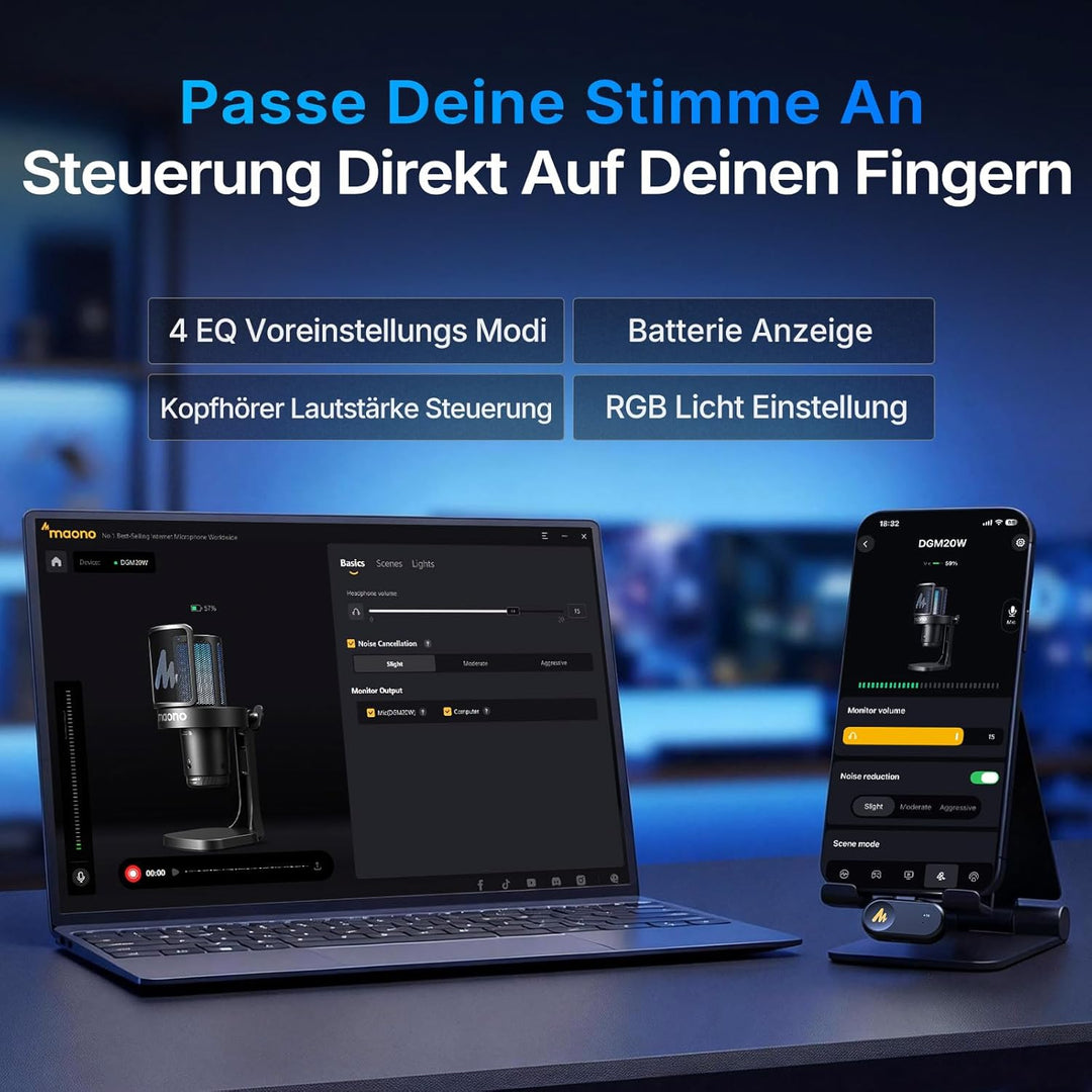 MAONO DGM20WS Wireless Mikrofon für PC, USB Mikrofon mit Mikrofonarm für Gaming & Streaming, Touch-G