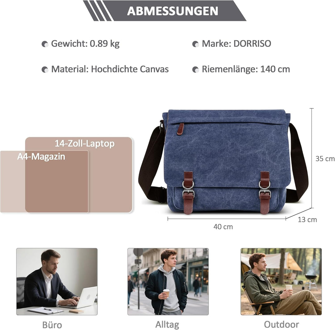 DORRISO Herren Umhängetasche Mode Schultertasche Leinwand Schultertaschen für 13.3 Zoll Laptop Kurie