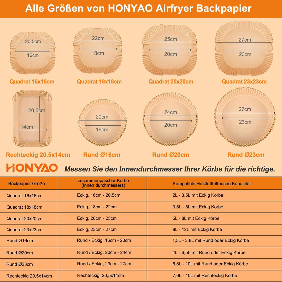 HONYAO Backpapier für Heissluftfritteuse XXL 6,2-8 L, Rund 23 cm 100 Stück Pergamentpapier Airfryer