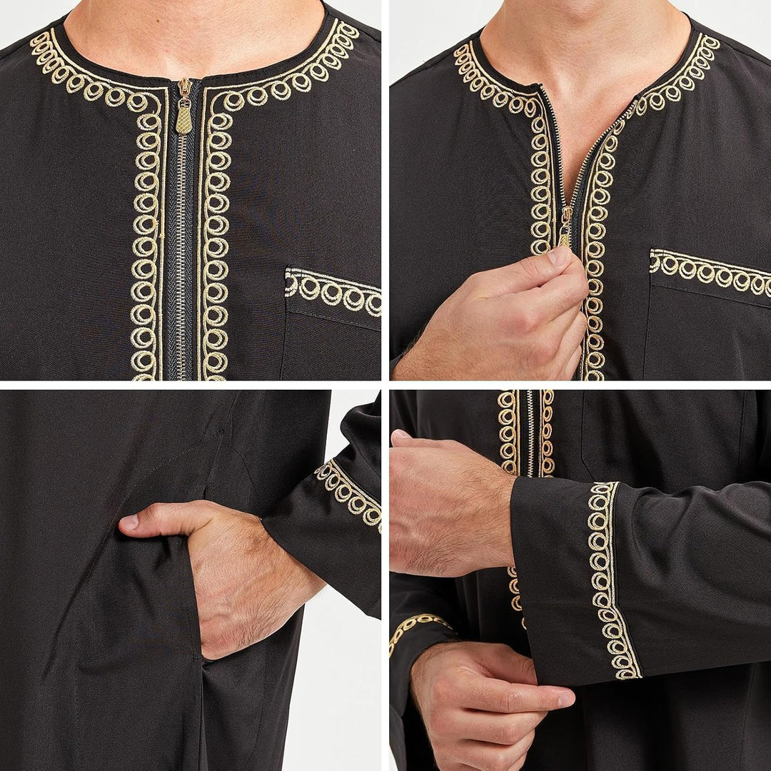 Kaftan Herren Gebetskleidung für Männer Islam Schwarz Abaya Herren Langarm Arabische Kleidung Herren