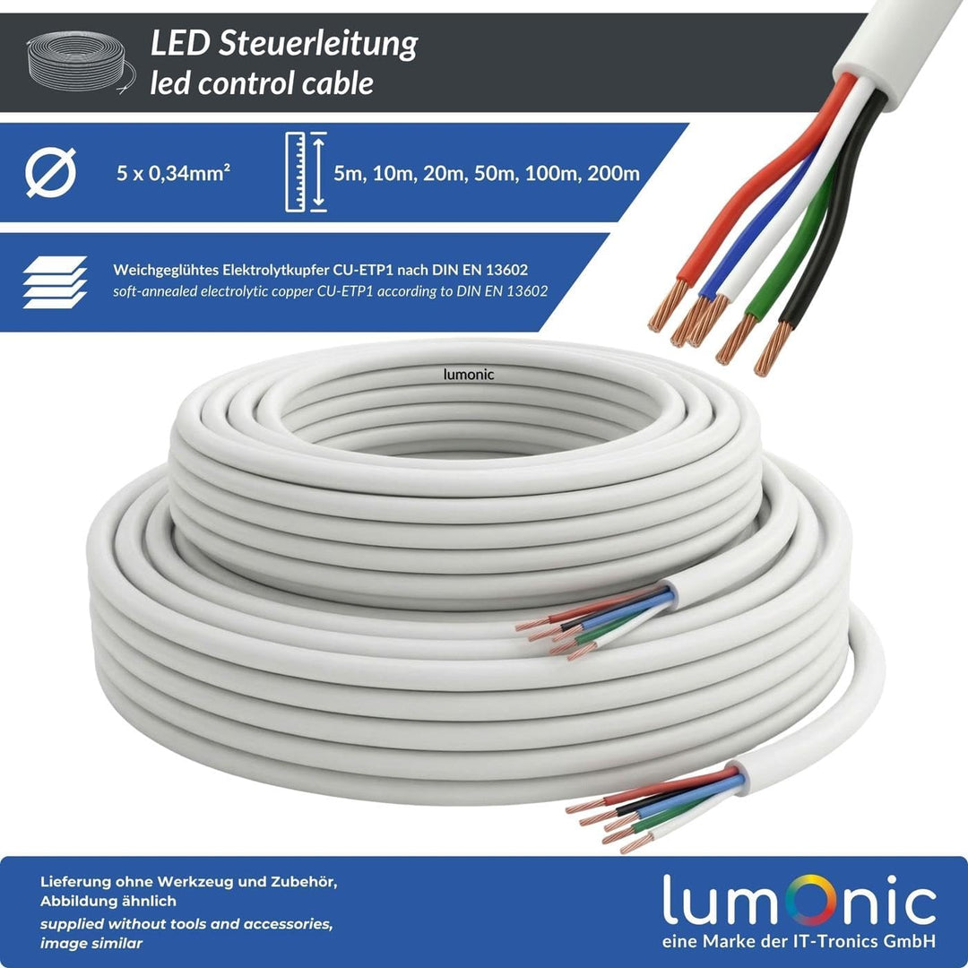 Lumonic 5x 0,34mm² LED Steuerleitung weiss 20m I ummanteltes 5 adriges Kabel flexibel I Geschirmtes