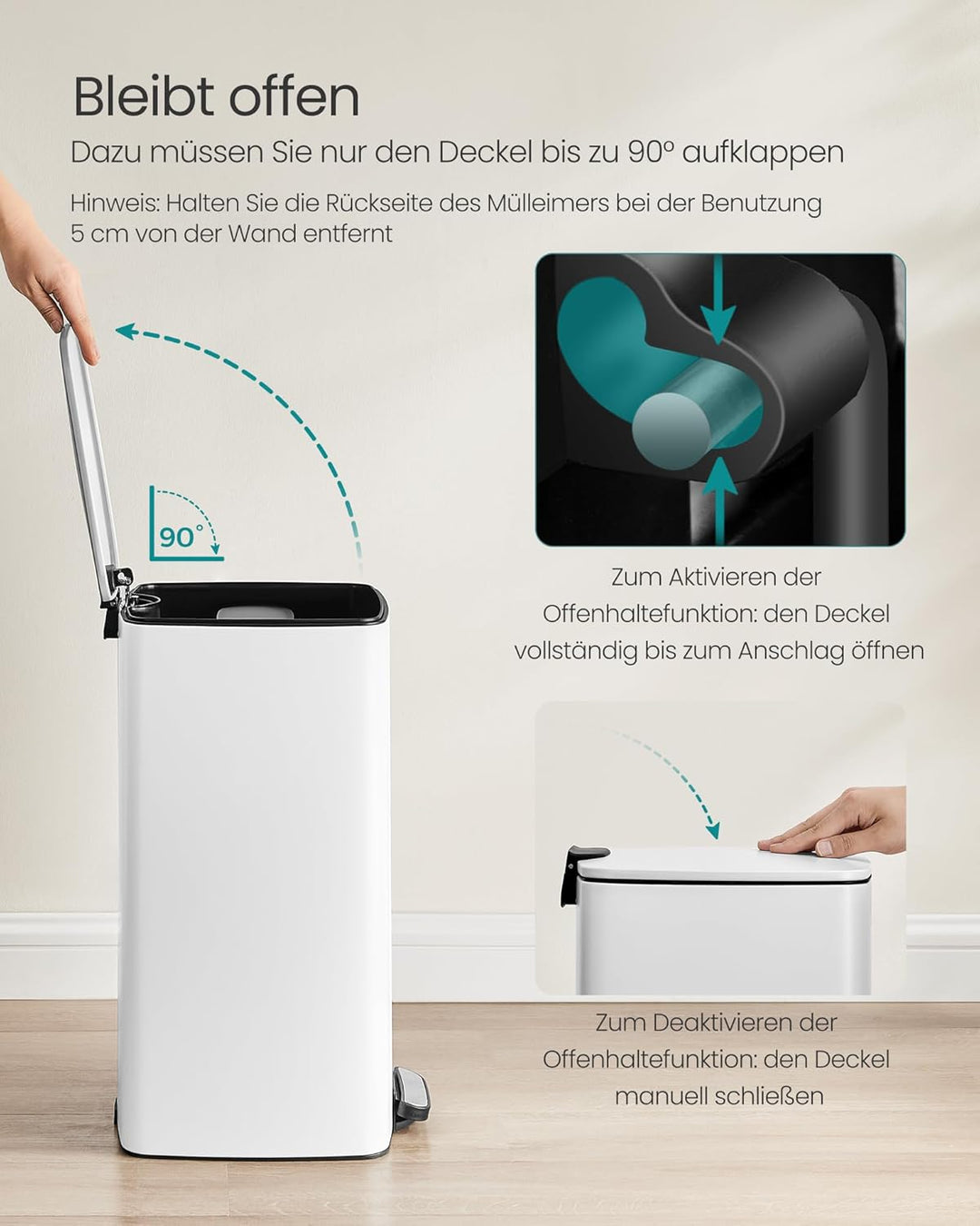 SONGMICS Mülleimer Küche, 30 Liter Abfalleimer, Tretmülleimer, Stahl, mit Inneneimer, Softclose, Off