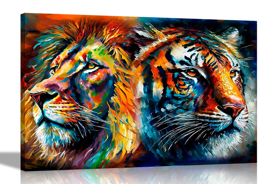 Artley Prints - Löwe und Tiger Collage Bunte Leinwandbilder für Wohnzimmer - Wandkunst für Schlafzim