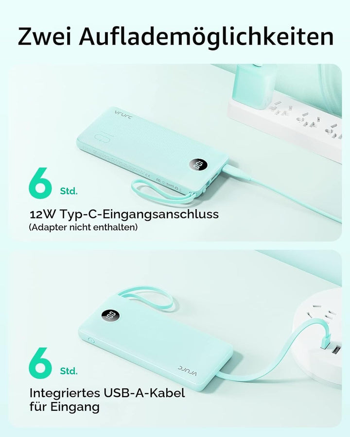 VRURC Powerbank mit Kabel 10000mAh Power Bank Tragbares Ladegerät USB C Externer Handy Akkus LED Dis