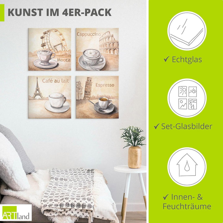 ARTland Glasbilder Wandbild Glas Bild Set 4 teilig je 20x20 cm Quadratisch Kaffee Cafe Coffee Cappuc