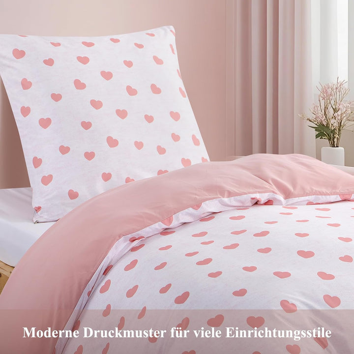 RUIKASI Bettwäsche 155x220 2 teilig Rosa - Bettbezug 155 x 220 Set mit Herzen, Bettwäsche-Sets 155x2