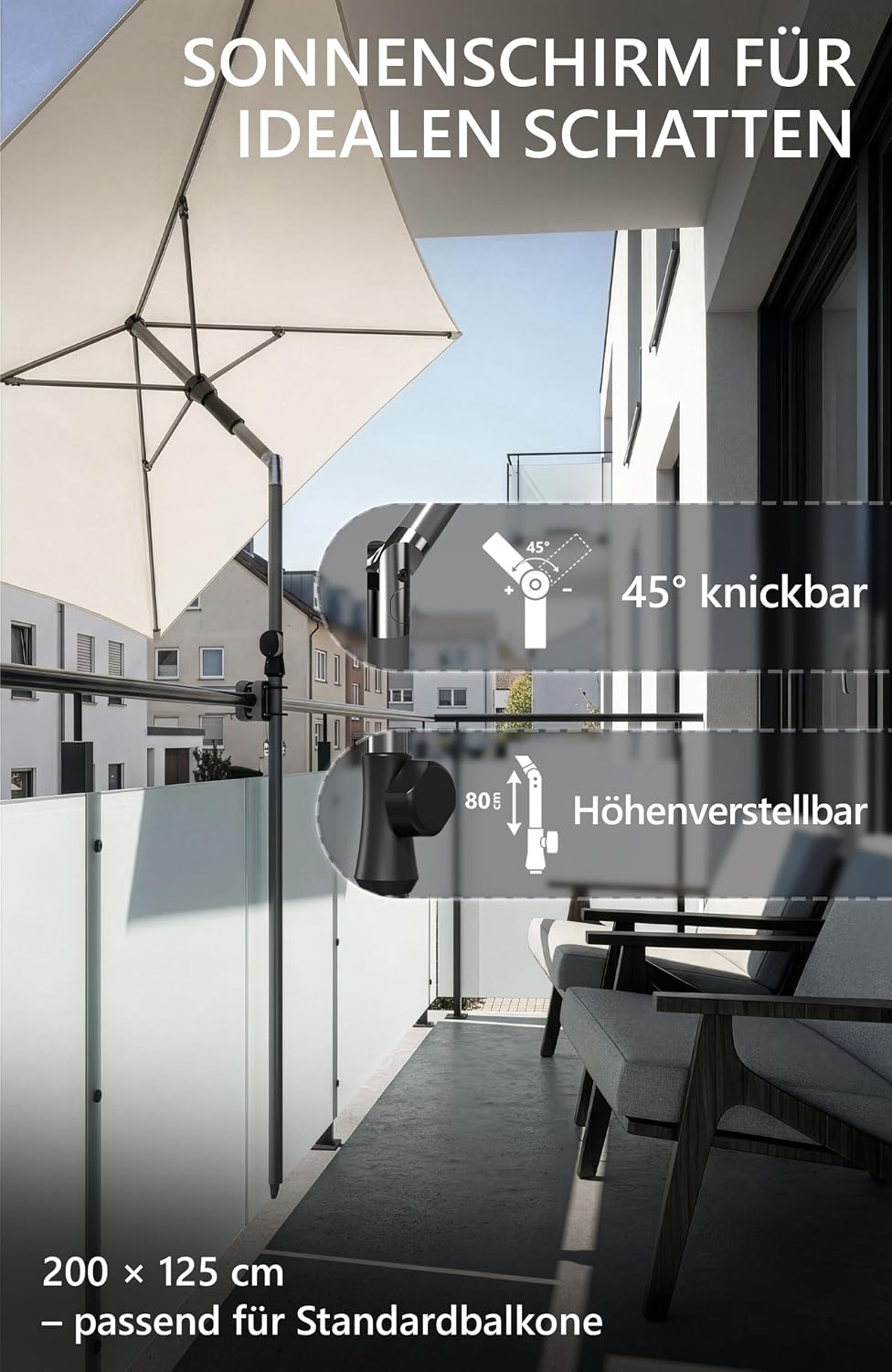 4smile Sonnenschirm Balkon SunnyShade Plus, mit Sonnenschirm Schutzhülle - Sonnnenschutz Balkon SET,