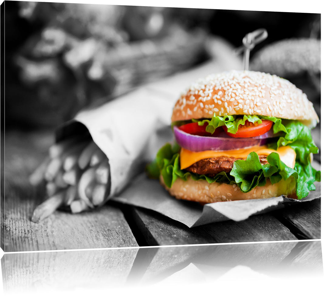 perfekter Burger mit Pommes schwarz/weiss Format: 100x70 auf Leinwand, XXL riesige Bilder fertig ger