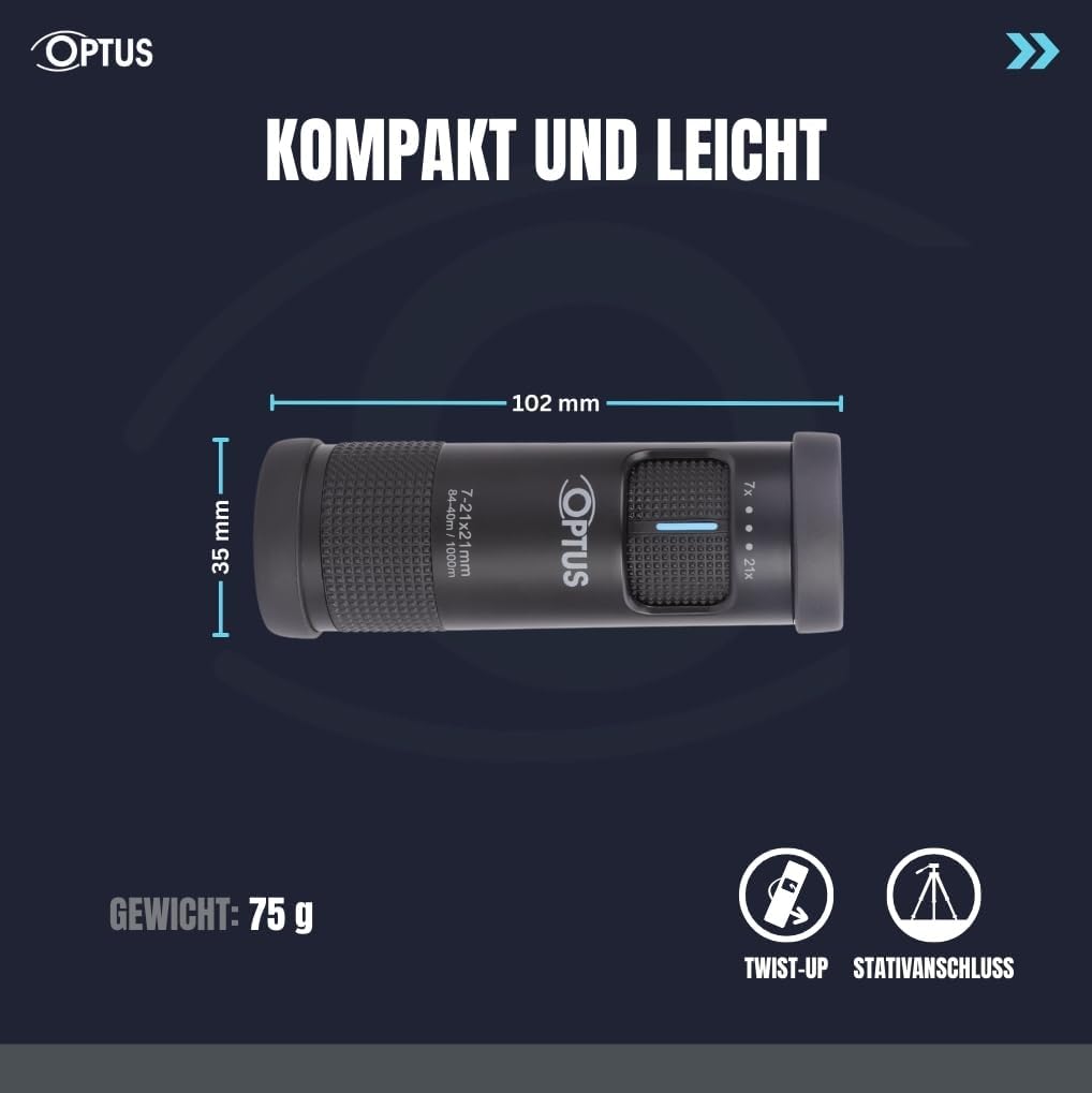 Optus Zoom Monokular 7-21x21 mit Stativanschluss Augenmuschel für Brillenträger kompaktes Fernrohr f