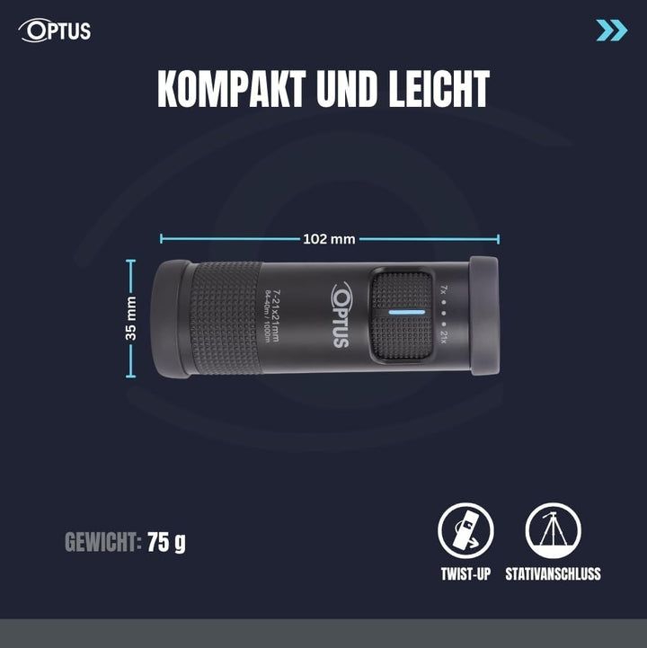 Optus Zoom Monokular 7-21x21 mit Stativanschluss Augenmuschel für Brillenträger kompaktes Fernrohr f