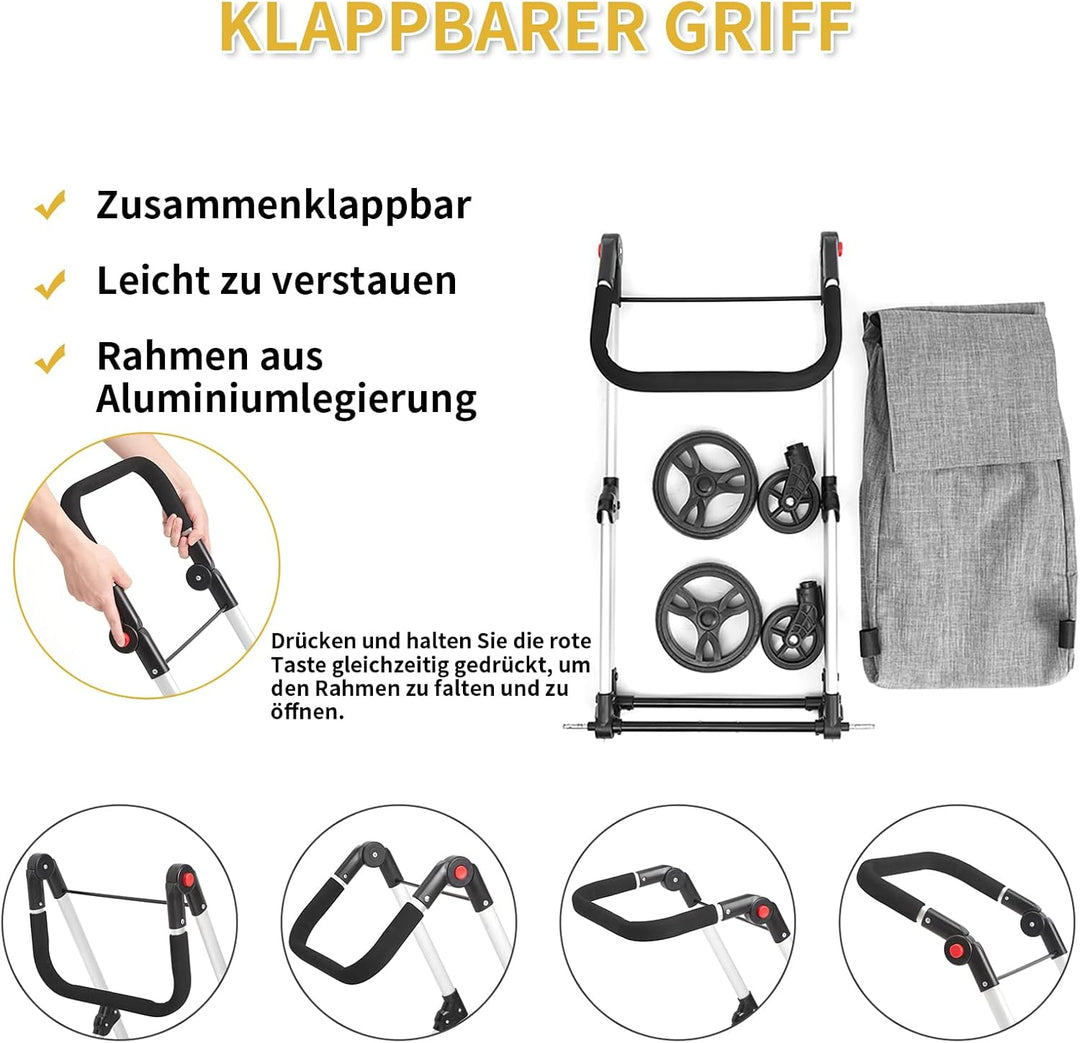 Einkaufstrolley, 46L Trolly Einkaufswagen Klappbar, 4 Rädern Aluminium Leichtgewicht Einkaufstrolley