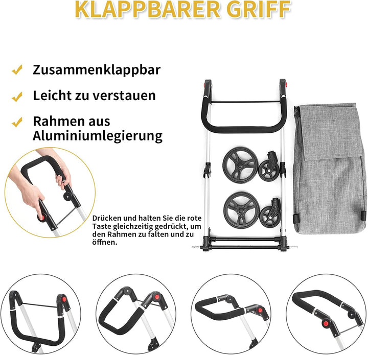 Einkaufstrolley, 46L Trolly Einkaufswagen Klappbar, 4 Rädern Aluminium Leichtgewicht Einkaufstrolley