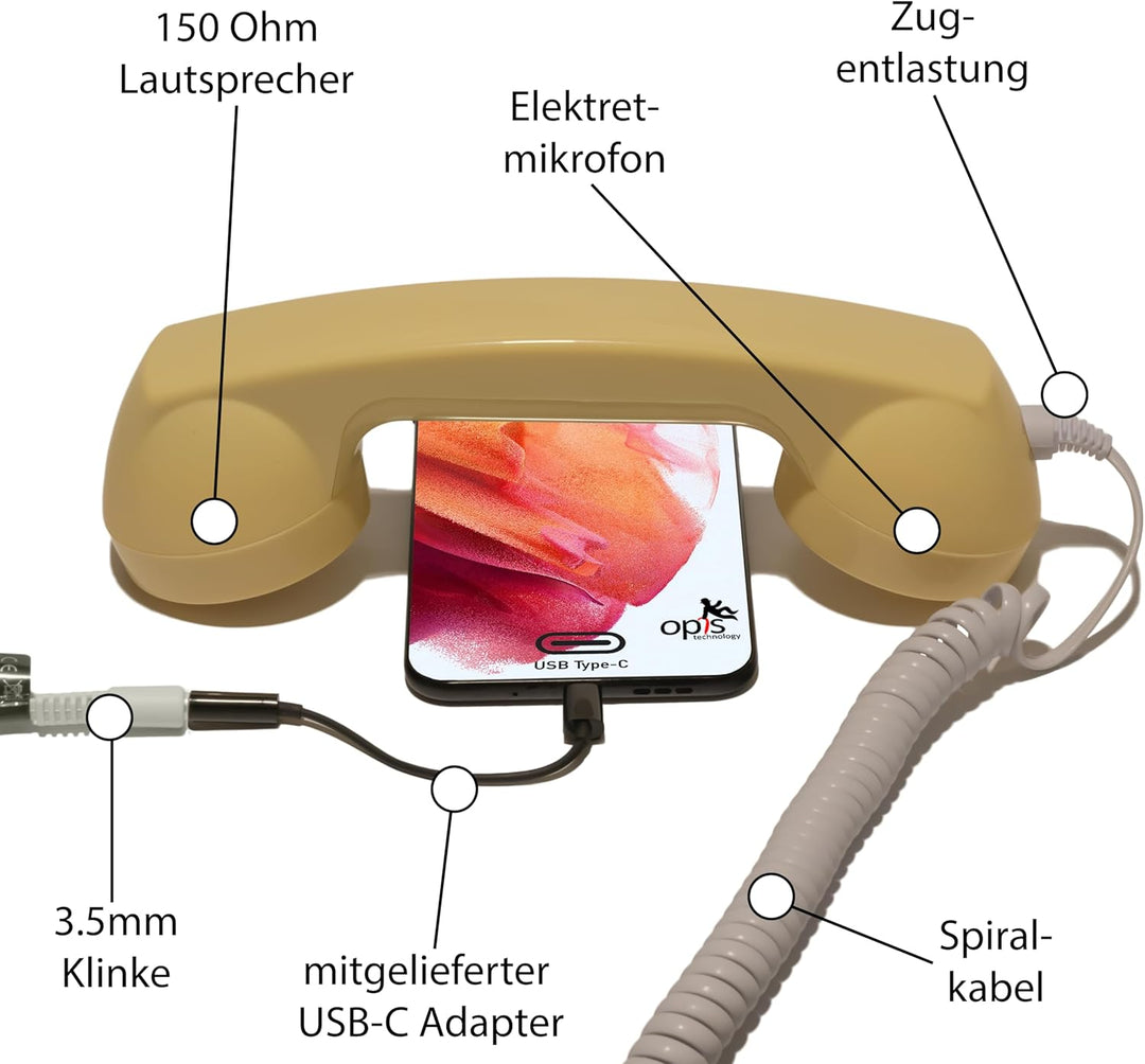 Opis 60s Micro - Retro Handyhörer für Android Smartphones, Tablets, Notebooks und Handys in der Form