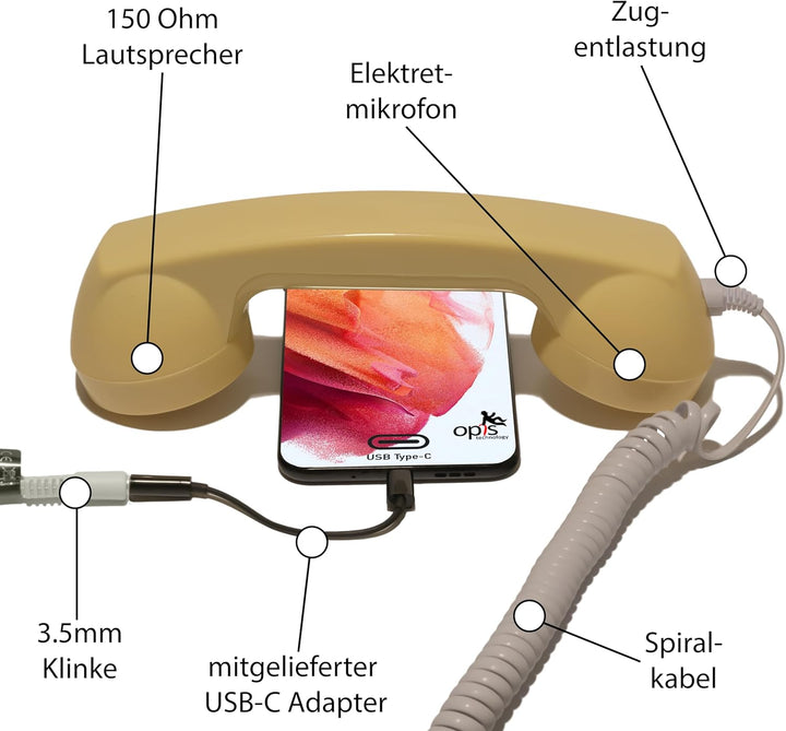 Opis 60s Micro - Retro Handyhörer für Android Smartphones, Tablets, Notebooks und Handys in der Form