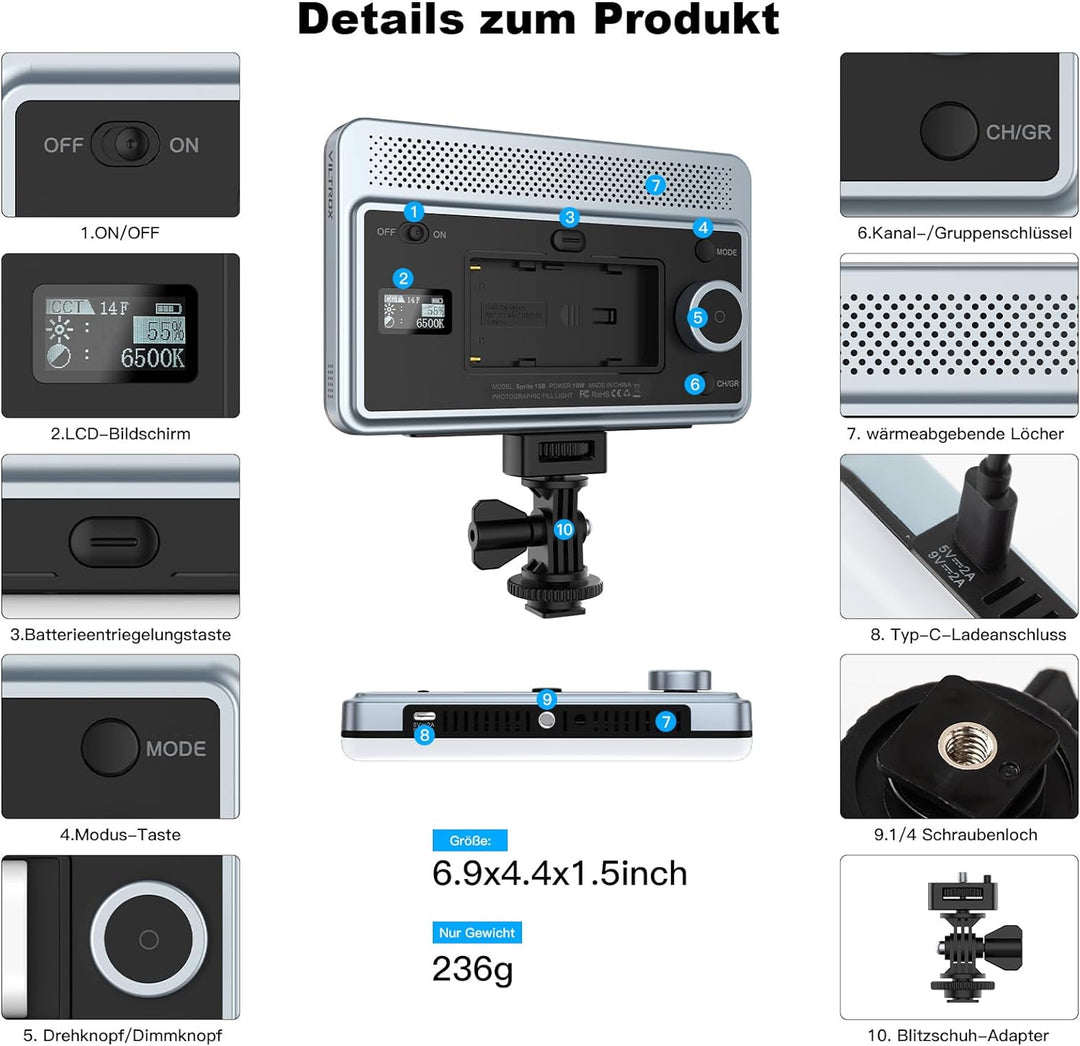 VILTROX Sprite 15C Panel LED Video Light RGB Videoleuchte Kamera Panel Videolicht 2800-6800K mit Blu