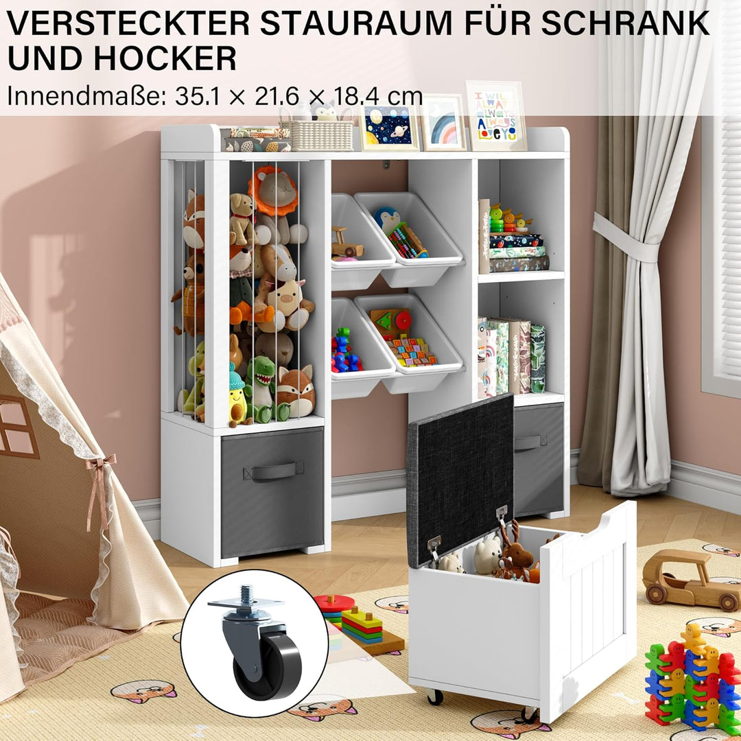 Jehiatek Kinderregal mit Stauraum-Sitzbank, Holz Spielzeugregal mit Kuscheltierfach, 2 Regalböden, 2