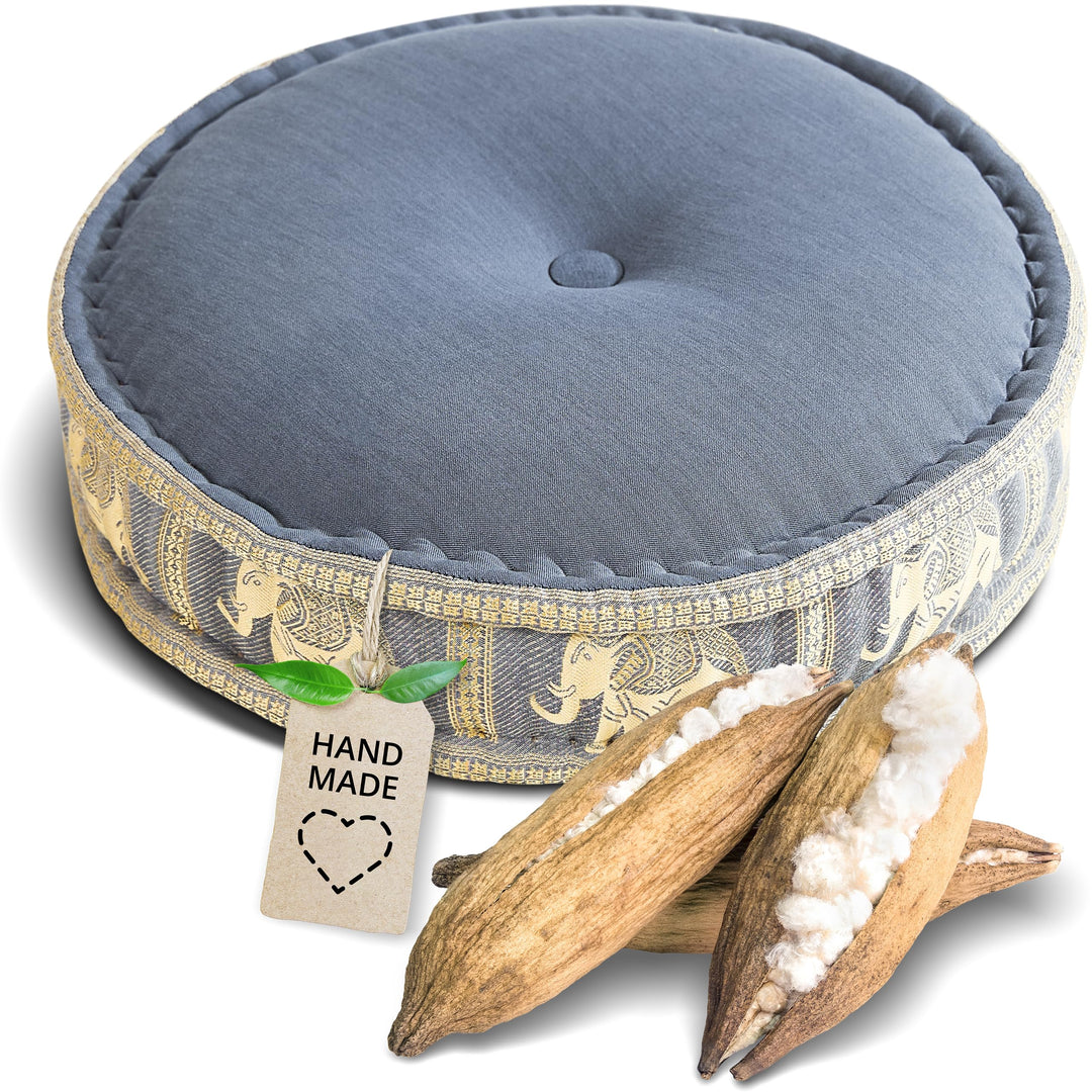 livasia Meditationskissen mit Thaiseide - Ø 45x15cm - Yogakissen mit Kapok, Pouf, Bodenkissen für Yo