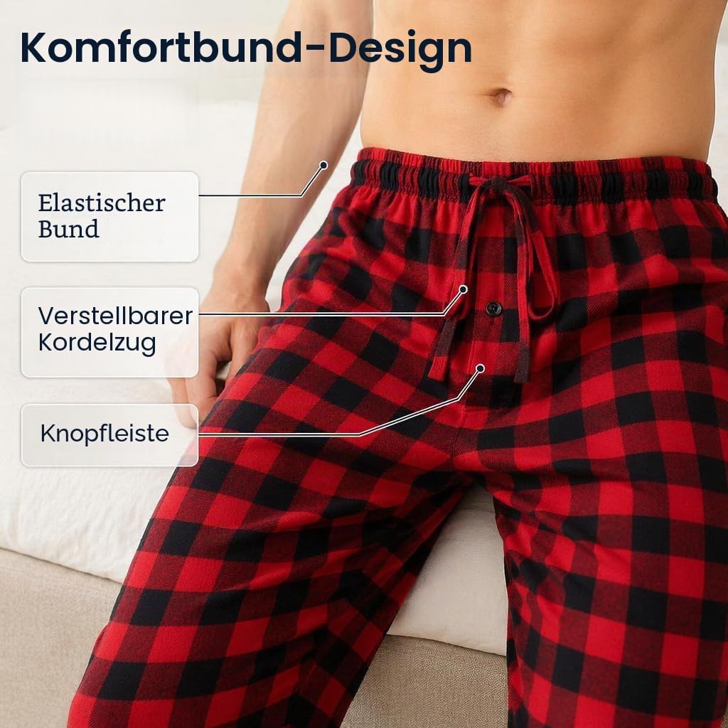 Herren 100% Baumwolle Flanell Bequeme Pyjama/Lounge Bottoms mit Taschen S Black Red Check, S Black R