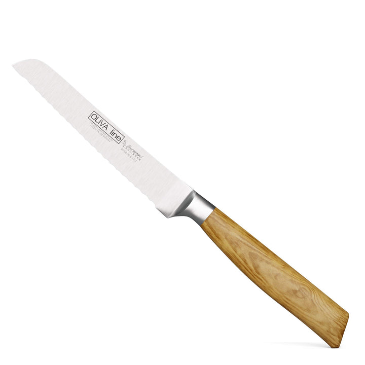 Burgvogel Solingen Brötchenmesser 13 cm geschmiedet Olivenholz, Oliva Line, Wellenschliff, rostfrei,