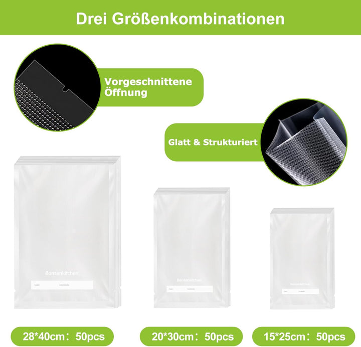 Bonsenkitchen Vakuumierbeutel 150 Beutel - 15x25 cm (50)+20x30 cm (50)+ 28x40 cm (50), für jede Grös