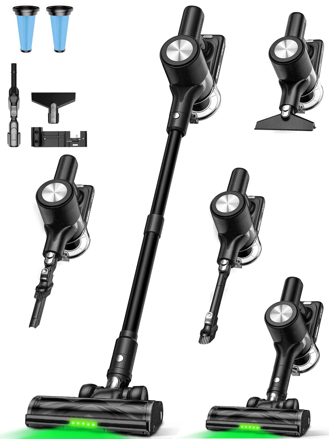 Akku Staubsauger 48KPa/500W/55Mins, Staubsauger Kabellos mit Wandmontierte Ladestation, Selbststehen