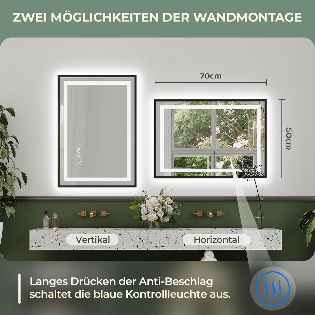 Dripex Badspiegel mit Licht Badezimmerspiegel mit Rahmen, Speicherfunktion, Touch-Schalter, Dimmbar,