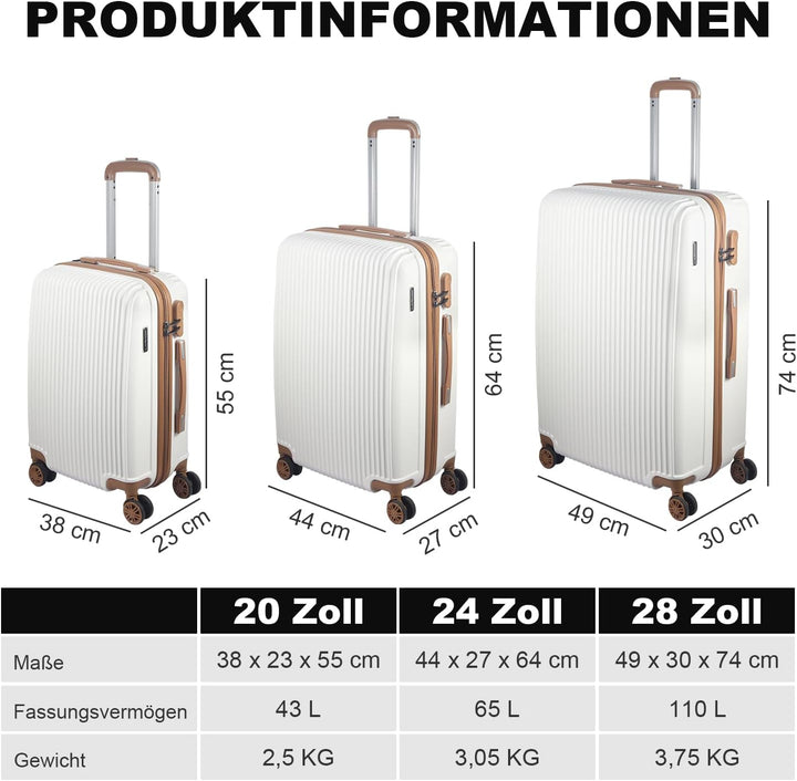 Hartschalenkoffer Set 3 Teilig, Kratzresistente Premium ABS-Hartschale, 55 64 74 cm, 360-Grad-Doppel