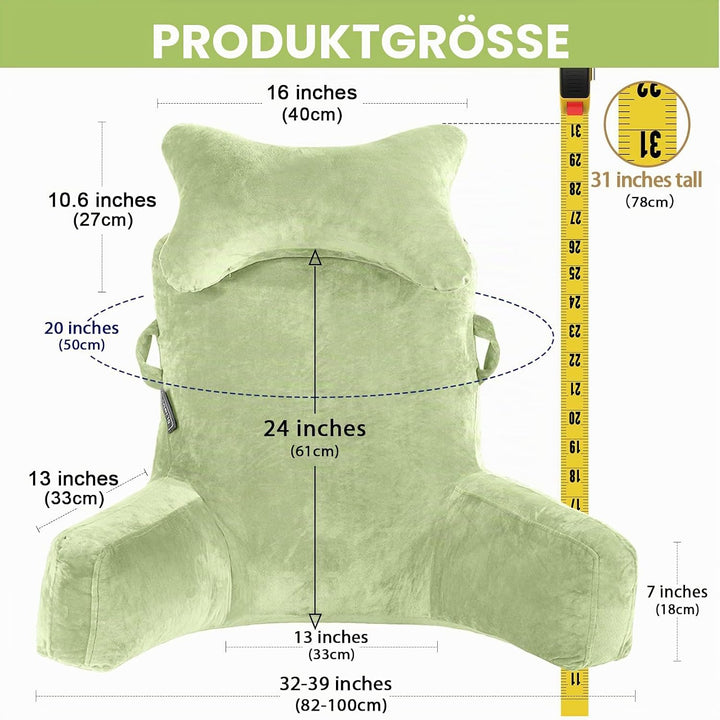 SLIGUY Lesekissen, Bettruhe Kissen mit abnehmbarer Nackenrolle und höherem Stützarm zum Sitzen im Be