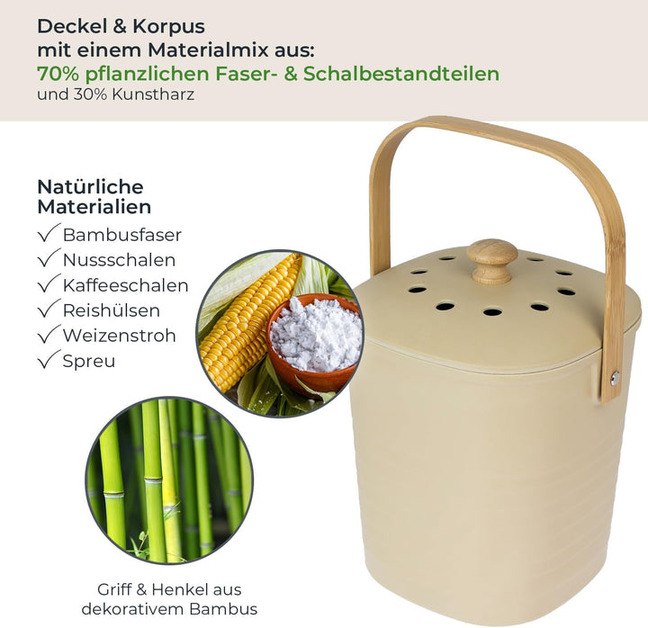 HMF Nachhaltiger Biomülleimer Küche, Geruchsdichter Komposteimer mit Deckel | 3 Liter | Beige Beige