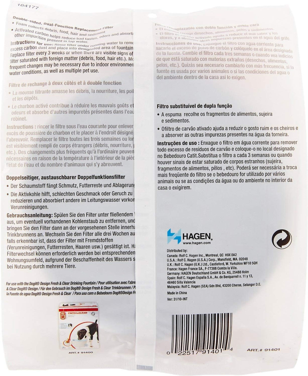 Zeus Trinkbrunnen für Hunde, weiss/blau + Ersatzreinigungsfilter für 6L H2EAU Trinkbrunnen für Hunde