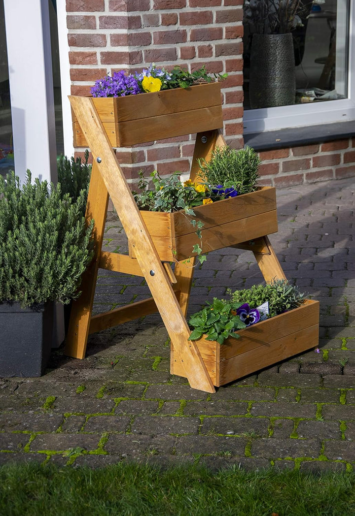 dobar® Dreistufige Pflanztreppe Outdoor aus Massiv-Holz für Balkon und Garten - Blumenbeet mit 3 Pfl