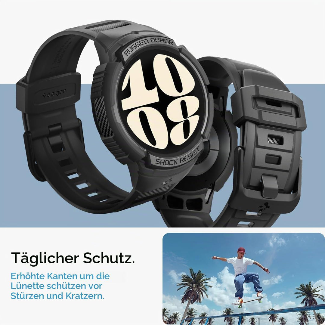Spigen Rugged Armor Pro Hülle mit Armband Kompatibel mit Samsung Galaxy Watch 6 44mm 2023 - Schwarz
