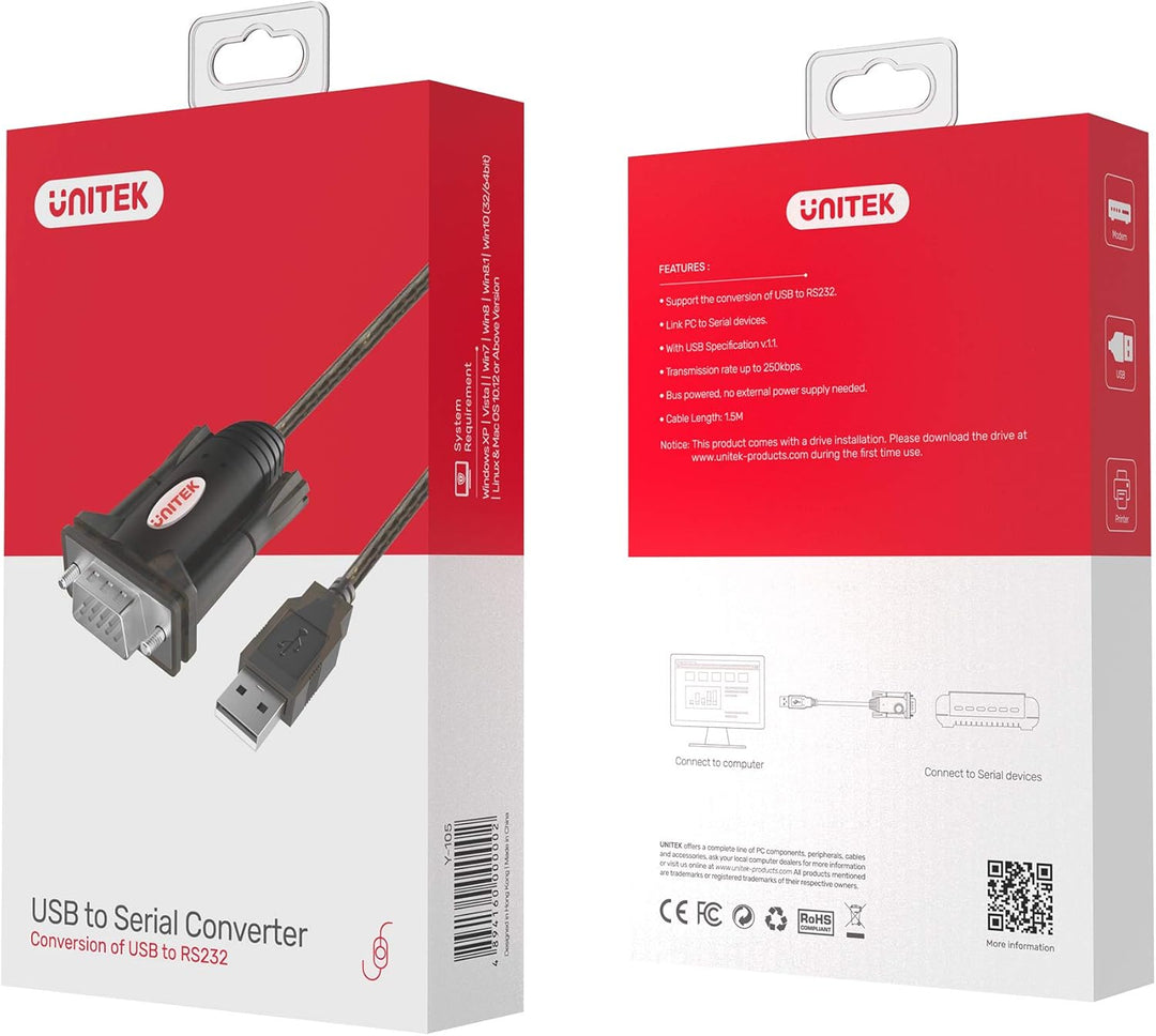 UNITEK Y-1105K USB C zu Seriell Konverter RS-232, Kabel 1,5m, Serielle Schnittstelle, die HotPlug, K